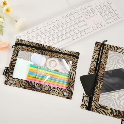 Gredecor 3 Ring Binder Pencil Pouch, Modern Leopard Brown Zippered Pen Case Pouches with Clear Window, 2 Pack Stylish Office & School Supplie - color: Modern Leopard Brown