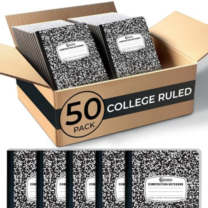 Rosmonde 50 Pack Bulk Composition Notebooks College Ruled, 200 Pages (100 Sheets), 9-3/4 x 7-1/2, Black Marble Hard Cover, Bulk School Supplies, Bulk Notebooks for School, Bulk College Ruled Notebook - size: 50 Bulk Value Pack, style: Black Marble