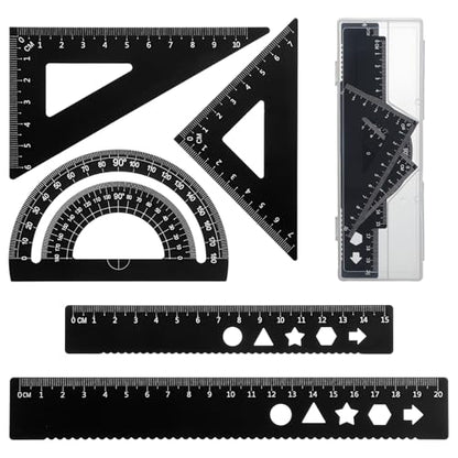5Pcs Metal Geometry Set, Metal Ruler Set with Protractors, Triangle Rulers, Rulers, Compass for Math, School, Office (Black)