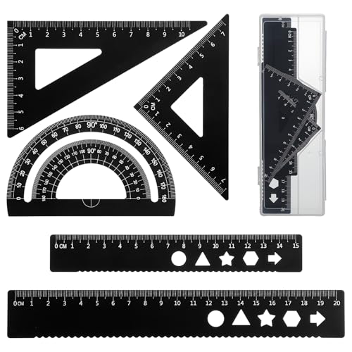 5Pcs Metal Geometry Set, Metal Ruler Set with Protractors, Triangle Rulers, Rulers, Compass for Math, School, Office (Black)