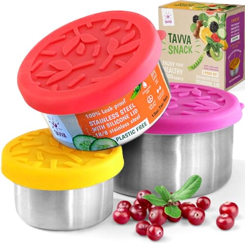 TAVVA Stainless Steel Snack Containers for Kids [12oz/ 7oz/ 3oz] - Leakproof with Silicone Lids, Lunch Box for Kids, Metal Lunchbox for School, Office, Home Food Storage, Dishwasher & Freezer Safe - color: Coral Reef