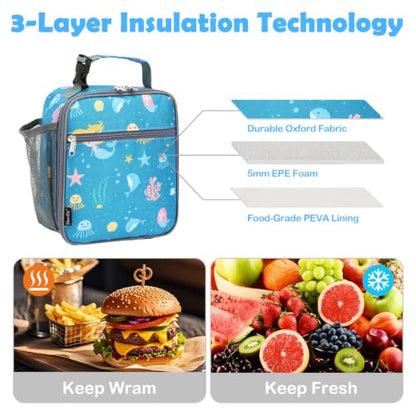 FlowFly Kids Lunch box Insulated Soft Bag Mini Cooler Back to School Thermal Meal Tote Kit for Girls, Boys, Mermaid - color: Mermaid