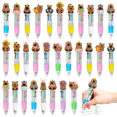 CZWZ 30Pcs Mini Multicolor Pens in One 4-in-1 Cute Pens Bulk, Ballpoint Pen for Birthdays and Parties, Fun Gifts Assorted Ink Kawaii Pen - style: 30Pcs-Capybara