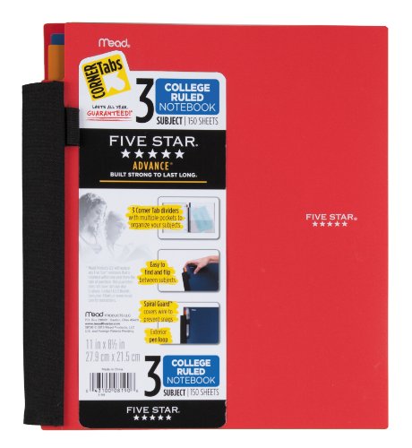 Five Star MEAD Notebook, 3-Subject, College Ruled, 150 Sheets, 8-1/2 x 11 Inches, Assorted (MEA08190)