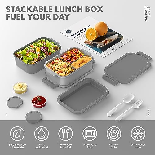 Jelife Adult Bento Box Lunch Box - 3 Layers Stackable Bento Lunch Box for Adults, 72oz Large-Style All-in-One Bento Boxes Leak-Proof Lunchbox with Utensil Sauce Containers for Dining Out,Work, Grey - color: 1-Grey