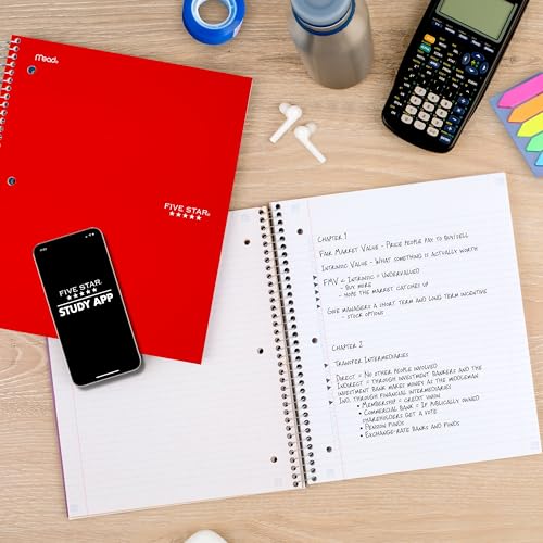 Five Star Spiral Notebook + Study App, 3 Subject, College Ruled Paper, 8-1/2" x 11", 150 Sheets, Fights Ink Bleed, Water Resistant Cover, Fire Red (72065) - color: Fire Red, size: 1 Count (Pack of 1)