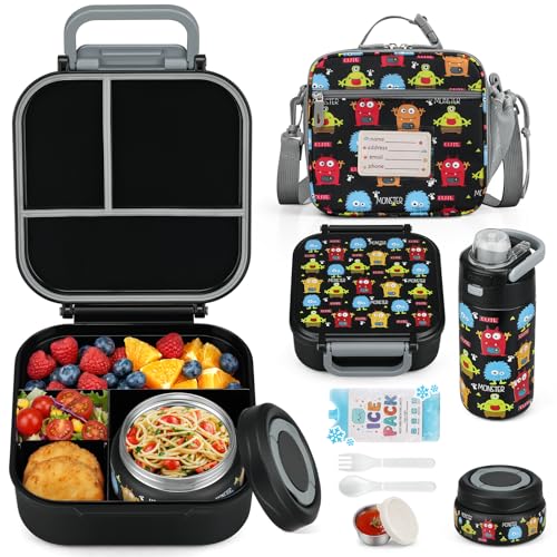 Itslife Bento Box for Kids Set, Insulated Food Container,Kids Lunch Box, 7 oz Thermos for Hot Food, 12 oz Thermos Water Bottle, Reusable Insulated Ice Bag & Fork Spoon Utensils Camping Travel Black - color: Black-MN