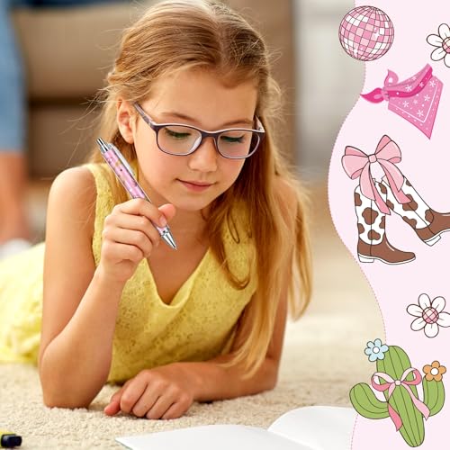 Cowgirl Pink Ballpoint Pens - 24 Pcs Retractable Western Style Girls Gifts Colorful Writing Smooth Cow Pattern Black Ink Ball Point Pen Office Supplies Party Favors for Christmas Graduation - style: Cowgirl