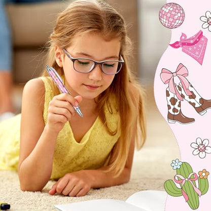 Cowgirl Pink Ballpoint Pens - 24 Pcs Retractable Western Style Girls Gifts Colorful Writing Smooth Cow Pattern Black Ink Ball Point Pen Office Supplies Party Favors for Christmas Graduation - style: Cowgirl