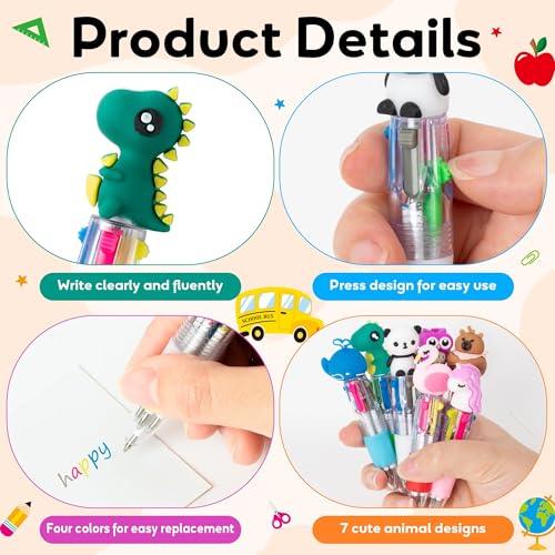 ANGOLIO Back to School Gifts 28 Sets Cute Animals 4 in 1 Multicolor Retractable Ballpoint Pens with Greeting Cards for Students Kids Classroom Office Home Rewards First Day of School Party Supplies - style: Cute Animals