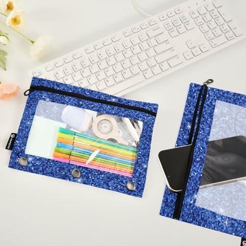 Personalized Pencil Pouch for 3 Ring Binder Blue Glitter Texture Custom Pencil Pouches Case Binder Cosmetic Bag 2 Pack for Office School College Supplies - color: Blue Glitter