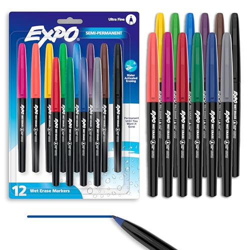EXPO Wet Erase Markers, Semi-Permanent, Assorted Colors, Ultra Fine Tip, 12 Count - For Writing on Glass, Whiteboards, Mirrors, Calendar, Labeling, Organizing - size: 12 Count, style: Ultra Fine