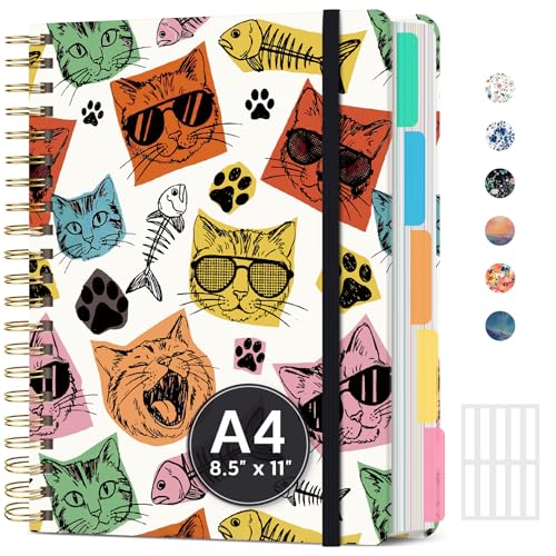 Hardcover Spiral Journal Notebooks for Work With Removable Dividers & Tabs, 8.5"x11" 5 Subject Notebook for Note Taking & Organizer, A4 College Ruled Lined Journal for Women & Writing, Cool Cats, 280 Pages - color: U-Cool Cats