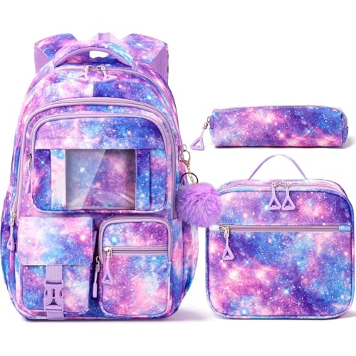 Fimibuke Girls Backpack with Lunch Box & Pencil Bag - Waterproof Kids Backpack for Ages 6+ Elementary Middle School Teens, Roomy Interior & Multi-Pocket - color: A8.Purple Starry Sky