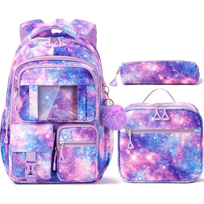 Fimibuke Girls Backpack with Lunch Box & Pencil Bag - Waterproof Kids Backpack for Ages 6+ Elementary Middle School Teens, Roomy Interior & Multi-Pocket - color: A8.Purple Starry Sky