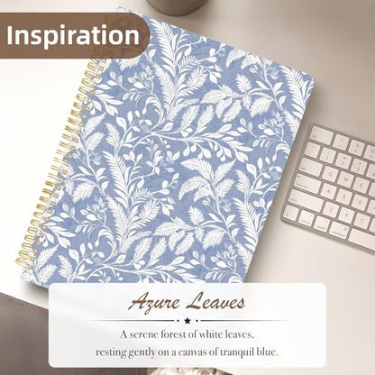 Cute Spiral Notebook journal A4 Aesthetic Pretty Design for Women Girls Kawaii with Pocket, 8.5 x 11 inch, Graph, Blue Leaves - color: Blue Leaves, style: Graph