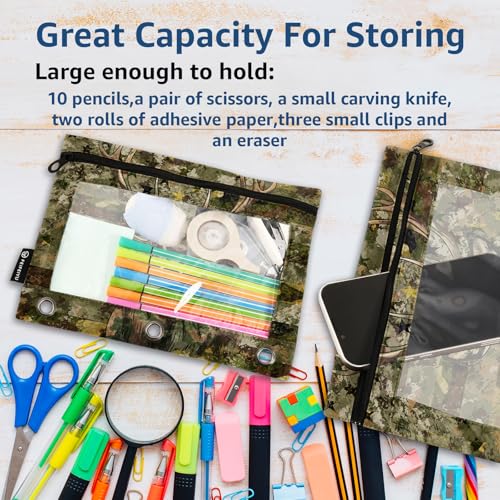 Camo Pencil Pouch For 3 Ring Binder Clear Window Pencil Case For 3 Ring Reinforced Grommets With Zipper, 2 Pack - color: Camo