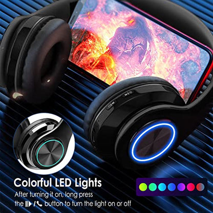 2022 Wireless Bluetooth Headphones,Colorful LED Lights Comfort Over Ear Foldable Headset with Built-in Microphone,FM,SD Card Slot,Wired for School/Tablet Computer/PC/TV/Cellphones/Travel - color: Black