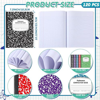 Fulmoon 120 Pack Composition Notebook Bulk 10.12 x 7.2'' Composition Notebook Pack 30 Sheets/60 Pages Marble Covers Notebooks for College School Office Supplies 5 Colors(Wide Ruled) - style: Wide Ruled