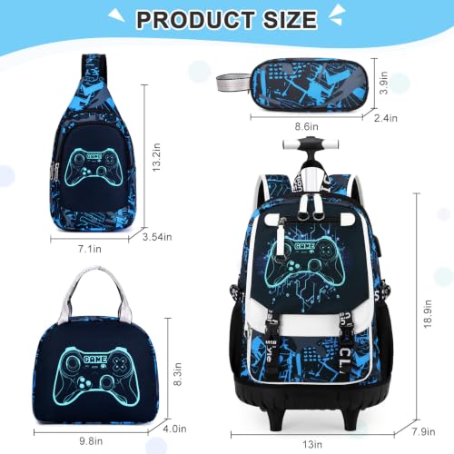 Bevalsa Rolling Backpack for Boys, Roller Backpack with Wheels, Wheeled School Bag with Sling Bag, Lunch Box & Pen Case for Kids Children Teens Elementary Middle Student Glow In The Dark - color: Blue Game