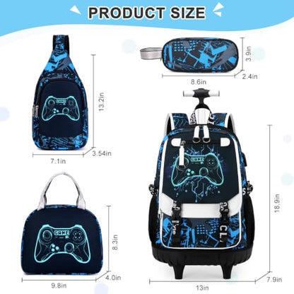 Bevalsa Rolling Backpack for Boys, Roller Backpack with Wheels, Wheeled School Bag with Sling Bag, Lunch Box & Pen Case for Kids Children Teens Elementary Middle Student Glow In The Dark - color: Blue Game