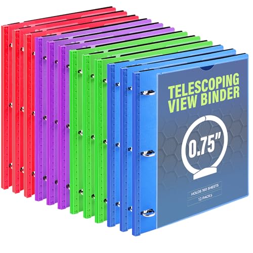 WOT I 12-Pack Telescoping 3 Ring Binder(0.75"), Expandable Flexible Binder - Patented Design for Easy Portability, Holds 8.5"x11" Paper, 4 Vibrant Colors, Perfect for School, Office&Home Organization - color: Bold Assortment -With Front Cover, size: 0.75