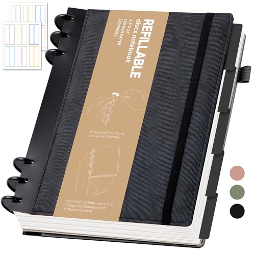 Yoment Refillable Notebooks for Work 5 Subject with Removable Dividers Tabs | Black,240 Pages Hardcover Leather Journals for Writing Large Discbound Planner Colleged Ruled Paper for Women Men,8.58 x 11
