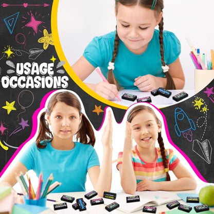 Dunzoom 100 Pcs Back to School Inspirational Pencil Erasers Bulk for Kids Fun Motivational Eraser School Office Supplies for Students Classroom Office Teacher Artists(Colorful Chalkboard) - style: Colorful Chalkboard