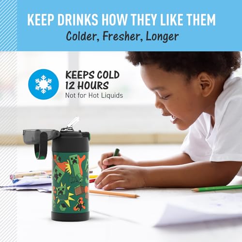 THERMOS FUNTAINER Water Bottle with Straw - 12 Ounce - Kids Stainless Steel Vacuum Insulated Water Bottle with Lid, Minecraft - color: Minecraft