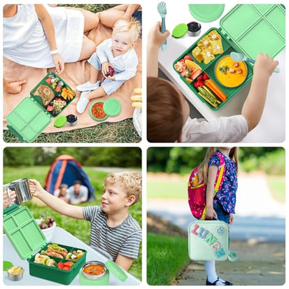 Aimsnk Lunch Box Kids with Thermo Insulated Lunch Bag for School, Green | Bento Lunch Box for Kids with 8oz Food Jar, Leak Proof Hot Lunch Containers with 4 Compartment, Warm Lunchbox for Toddler - color: Green