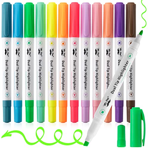 Mr. Pen- Dual Tip Highlighters, Pastel Colors, 12 Pack | Fine & Chisel Tip Assorted Colors, Markers for Journaling
