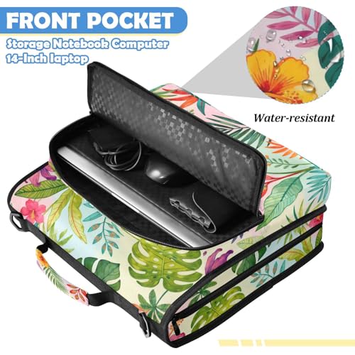 Abstract Tropical Leaves Zipper Binder with 2 Inch D-Rings Expandable File Portfolio with Shoulder Strap, Waterproof Nylon Organizer for 14" Laptop for Work College Travel
