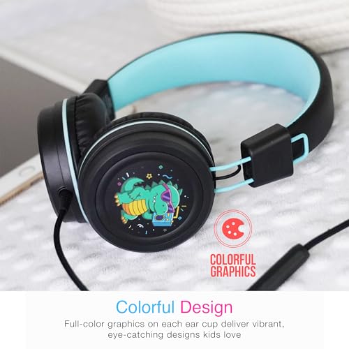 MEE audio KidJamz KJ55 Wired Children’s Headphones with 3.5mm Plug, Colorful Graphics, Volume Limiter & Microphone, Adjustable On-Ear Kids Headset for Online Learning/School/Travel/Tablet (Black) - color: Black, style: Standard