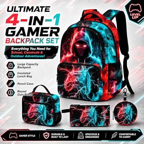 Game Backpack Set for Boys Kids, Gaming Kids Boys Backpack with Lunch Box, Pencil Bag and Coin Purse. Game School Bag 17" (Blue&Red) - color: Blue&red-2