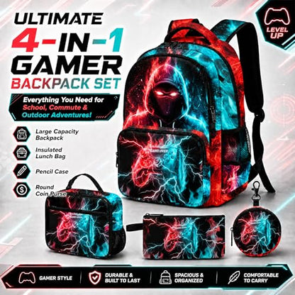 Game Backpack Set for Boys Kids, Gaming Kids Boys Backpack with Lunch Box, Pencil Bag and Coin Purse. Game School Bag 17" (Blue&Red) - color: Blue&red-2