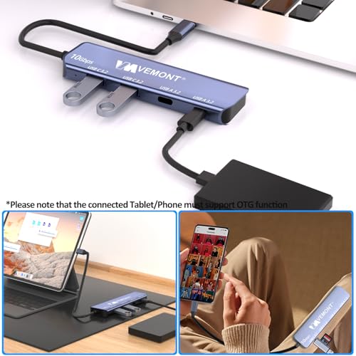 USB C Hub 3.2 10Gbps, VEMONT Aluminum USB 3.2 Hub with 2 USB-C and 2 USB-A Data Ports, Ultra Slim USB 3.2 Gen 2 Hub for MacBook Pro/Air 2022/2021, iPhone 15, iPad Pro, XPS, Surface Pro and More - style: 4 in1 10Gbps