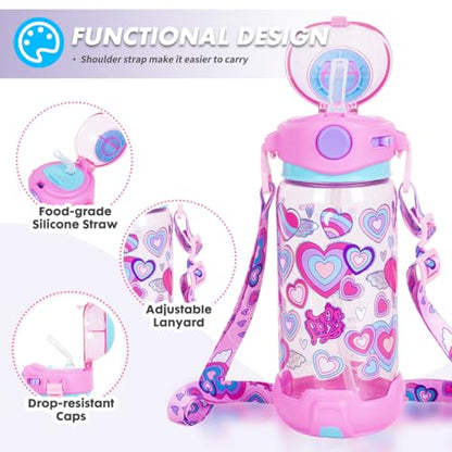 Kids Water Bottle with Straw/Lanyard for School Kids Girls Boys, 22oz BPA Free Child Drinking Water Bottle One-Click-Open Leak-Proof Locking Flip Lid for School Sport Travel - color: H08. Heart