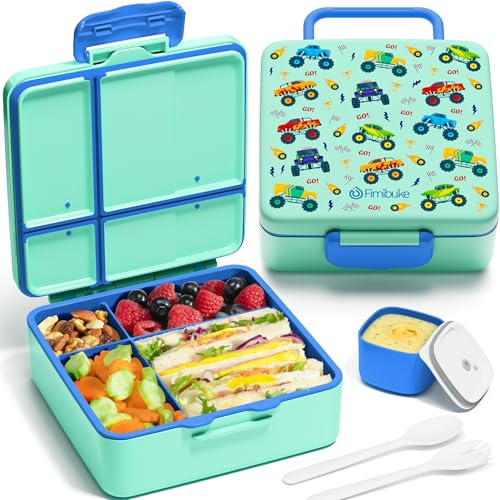 Fimibuke Bento Lunch Box for Kids, Toddler Bento Box with 4 Compartments | Leak Proof BPA Free Dishwasher Safe Lunch Container with Utensils, Ideal Portion Sizes for Ages 3-12 Girls Boys for School - color: A3. Monster Trucks