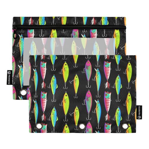 Fishing Lures Pencil Pouches for 3 Ring Binder, Zipper Binder Pencil Case, 2 Pack Clear Window Case Bag for Office Organizers - color: Fishing Lures