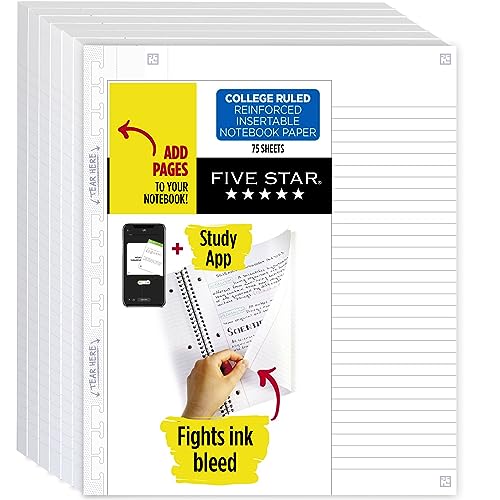 Five Star Insertable Loose Leaf Paper + Study App, 6 Pack, Notebook Paper, College Ruled to Add Pages, Reinforced, 8.5 x 11, 75 Sheets per Pack (170015) - size: 6 Pack