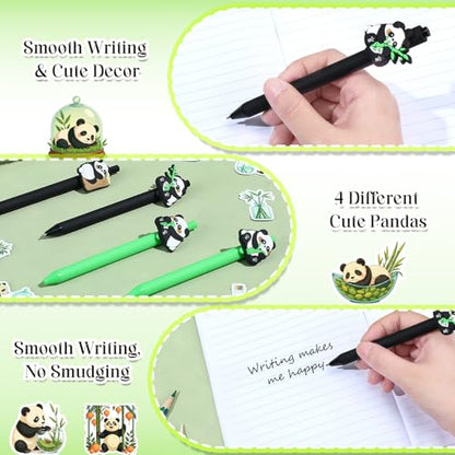 Cute Panda Stationery Set - Fluffy Plush Pencil Case, 4pcs Retractable Gel Pens (Black Ink) & 50pcs Kawaii Panda Stickers - Aesthetic School Supplies Gift for Girls, Teens, and Kids