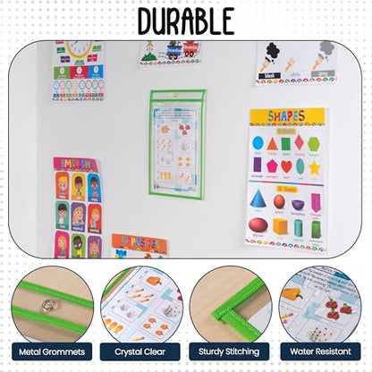 Essex Wares - 6 Pack, Green, Dry Erase Pocket Document Protectors, 10" Wide x 13.5" Tall - Dry Erase Clear Plastic Sleeves - Reusable & Easy Erase Plastic Invoice Holders, Water-Resistant & Durable - color: Green