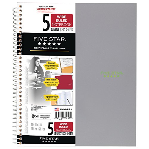 Five Star Spiral Notebooks, 2 Pack, 5-Subject, Wide Ruled Paper, 10-1/2" x 8", 200 Sheets, Gray, Lime (38434) - color: Gray, Lime