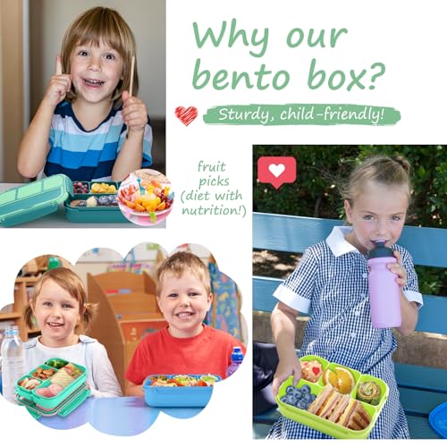 QQKO Bento Box for Kids Adults, School Toddler Lunch Box for Boys Girls, Lunch Box Containers with 4 Compartments, Sauce Container, Utensils, Food Picks and Muffin Cups for School, Green - color: Green