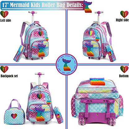 School Kids Rolling Backpack for Girls With Wheels Trolley Wheeled Backpack - color: Blue-220224-l