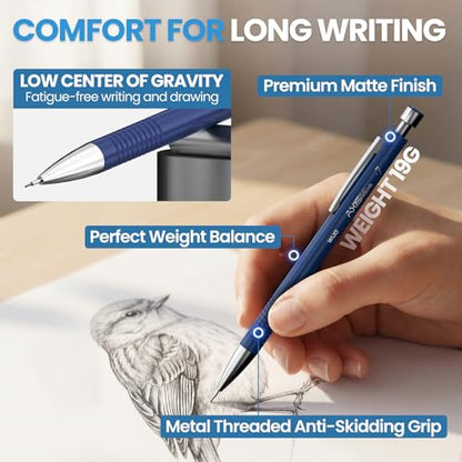 WUO 0.7mm Mechanical Pencil Set with Case, 4PCS Metal Mechanical Pencils with Eraser Pen, 480 HB Lead Refills, 3 Erasers, 11 Eraser Refills, Artist Drafting Pencils for Writing, Drawing, Sketching