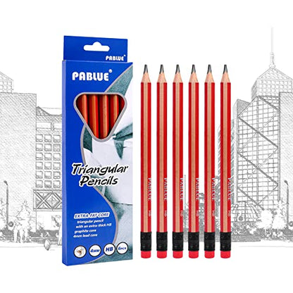 Triangular Jumbo Pencils, HB Pre-Sharpened with Eraser, Red, 6 Pcs | Fat, Thick, Strong Wood Triangular Design for Beginners for Writing, Drawing, School, Art, Sketching and Shading - color: Red, style: HB Lead