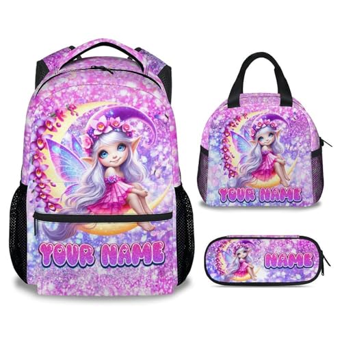 COZYAURA Girls School Backpack Personalized with Name - 3-Piece Backpack Set with Insulated Lunch Box & Pencil Case, Fairy Design for Kindergarten & Elementary Students - color: Pink