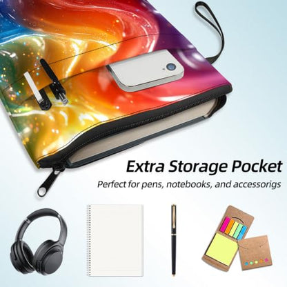 Padded Book Sleeve with Zipper & Front Pocket, Fabric Book Cover | Rainbow Liquid Wave Fluid11.4"x8.7" Washable Canvas Pouch for Hardcovers, Tablets & Reading Accessories - color: Rainbow Liquid Wave Fluid