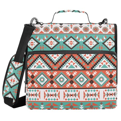 Tribal Aztec Green Orange Zipper Binder Bag 3 Ring with Shoulder Strap Zippered Binder Fits 13 Inch Laptop File Folder Document Organizer for College Office Supplies - color: Tribal Aztec Green Orange